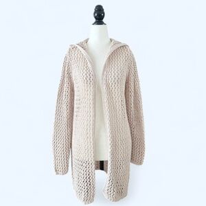 Greige Womens Beige Knit Open Hoodie Beach Coastal Preppy Cover Up Sweater Small